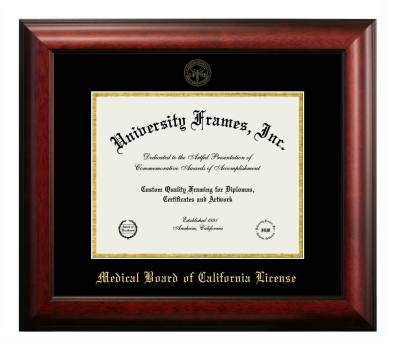 Medical Board of California License Diploma Frame in Satin Mahogany with Black & Gold Mats for DOCUMENT: 8 1/2"H X 11"W  