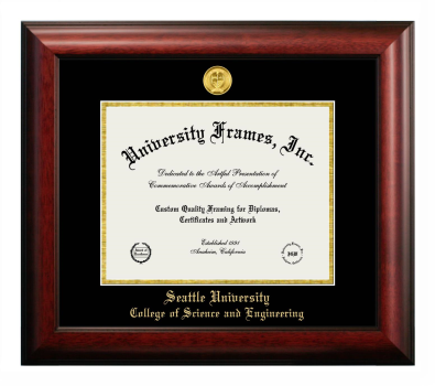 Seattle University College of Science and Engineering Diploma Frame in Satin Mahogany with Black & Gold Mats for document: 8 1/2"h x 11"w  