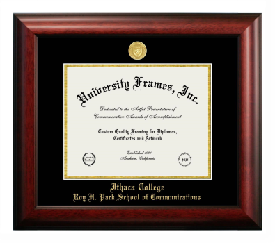 Ithaca College Roy H. Park School of Communications Diploma Frame in Satin Mahogany with Black & Gold Mats for DOCUMENT: 8 1/2"H X 11"W  