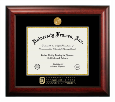 Duquesne University Palumbo Donahue School of Business Diploma Frame in Satin Mahogany with Black & Gold Mats for DOCUMENT: 8 1/2"H X 11"W  