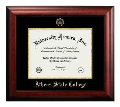 Athens State College Diploma Frame in Satin Mahogany with Black & Gold Mats for document: 8 1/2"h x 11"w  