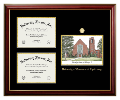 University of Tennessee at Chattanooga Triple Opening with Campus Image Frame in Classic Mahogany with Gold Trim with Black & Gold Mats for  12"h x 15"w  ,  12"h x 15"w  