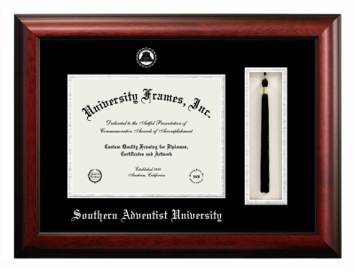 Southern Adventist University Diploma with Tassel Box Frame in Satin Mahogany with Black & Silver Mats for document: 8 1/2"h x 11"w  