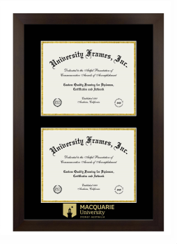 MACQUARIE University Double Degree (Stacked) Frame in Manhattan Espresso with Black & Gold Mats for document: 8 1/2"h x 11"w  , document: 8 1/2"h x 11"w  