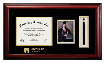 MACQUARIE University Diploma with 5 x 7 Portrait & Tassel Box Frame in Classic Mahogany with Black & Gold Mats for document: 8 1/2"h x 11"w  