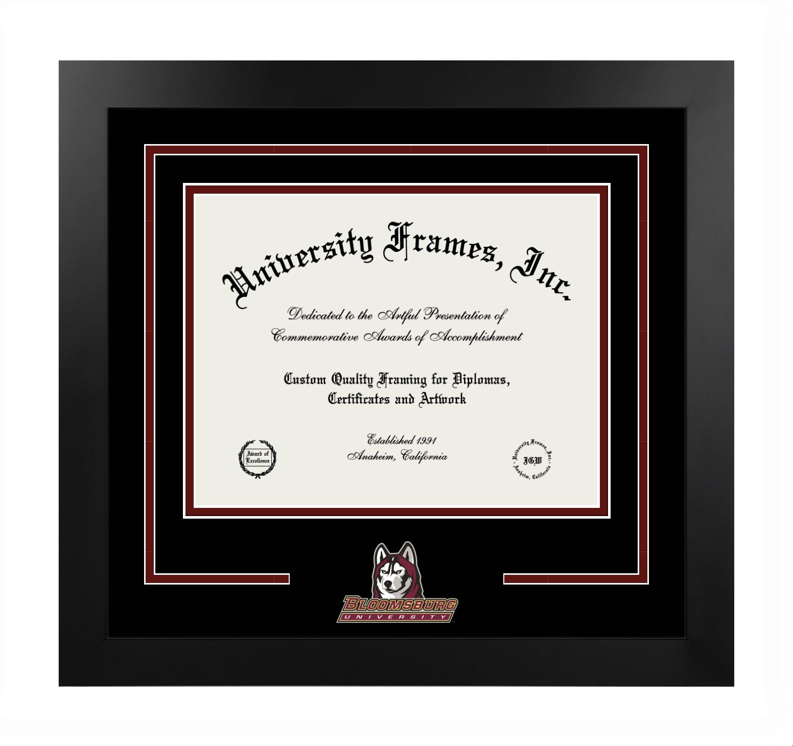 Bloomsburg University Bloomsburg University Logo Mat Frame in Manhattan Black with Black & Maroon Mats for DOCUMENT: 8 1/2"H X 11"W  