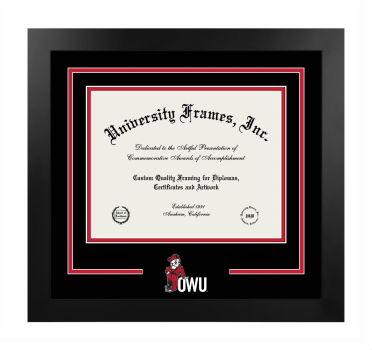 Ohio Wesleyan University Logo Mat Frame in Manhattan Black with Black & Red Mats for DOCUMENT: 8 1/2"H X 11"W  