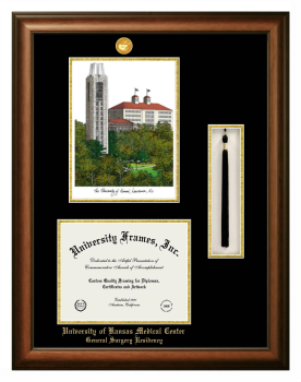 Double Opening with Campus Image & Tassel Box (Stacked) Frame in Satin Walnut with Black & Gold Mats for DOCUMENT: 8 1/2"H X 11"W  