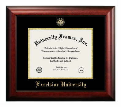 Excelsior University Diploma Frame in Satin Mahogany with Black & Gold Mats for document: 8 1/2"h x 11"w  