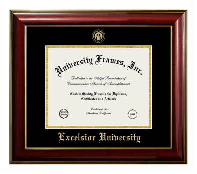 Excelsior University Diploma Frame in Classic Mahogany with Gold Trim with Black & Gold Mats for DOCUMENT: 8 1/2"H X 11"W  