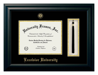 Excelsior University Diploma with Tassel Box Frame in Satin Black with Black & Gold Mats for document: 8 1/2"h x 11"w  