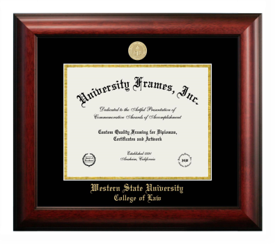 Western State University College of Law Diploma Frame in Satin Mahogany with Black & Gold Mats for DOCUMENT: 8 1/2"H X 11"W  