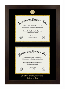 Western State University College of Law Double Degree (Stacked) Frame in Manhattan Espresso with Black & Gold Mats for document: 8 1/2"h x 11"w  , document: 8 1/2"h x 11"w  