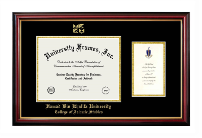 Hamad Bin Khalifa University College of Islamic Studies Diploma with Announcement Frame in Petite Mahogany with Gold Trim with Black & Gold Mats for document: 8 1/2"h x 11"w  , diploma: 7"h x 4"w  