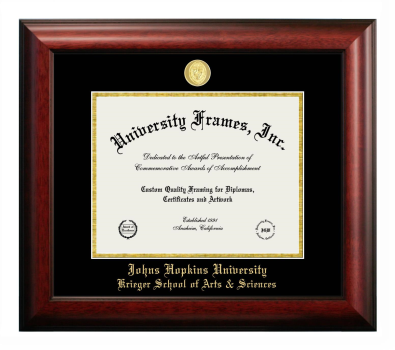 Johns Hopkins University Krieger School of Arts & Sciences Diploma Frame in Satin Mahogany with Black & Gold Mats for document: 8 1/2"h x 11"w  