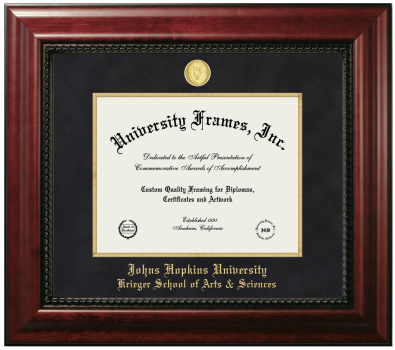 Johns Hopkins University Krieger School of Arts & Sciences Diploma Frame in Executive with Gold Fillet with Black Suede Mat for document: 8 1/2"h x 11"w  