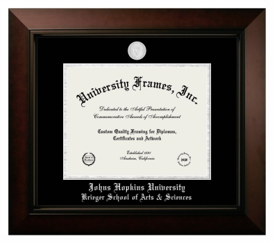 Johns Hopkins University Krieger School of Arts & Sciences Diploma Frame in Legacy Black Cherry with Black & Silver Mats for document: 8 1/2"h x 11"w  