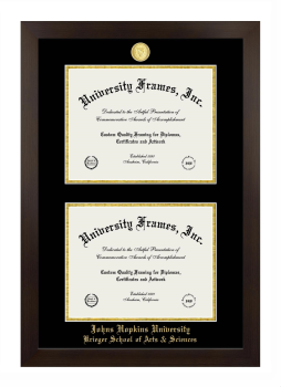 Johns Hopkins University Krieger School of Arts & Sciences Double Degree (Stacked) Frame in Manhattan Espresso with Black & Gold Mats for document: 8 1/2"h x 11"w  , document: 8 1/2"h x 11"w  
