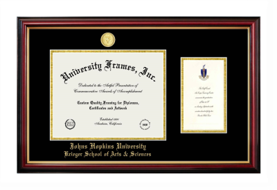 Johns Hopkins University Krieger School of Arts & Sciences Diploma with Announcement Frame in Petite Mahogany with Gold Trim with Black & Gold Mats for document: 8 1/2"h x 11"w  , diploma: 7"h x 4"w  