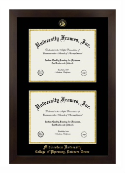 Midwestern University College of Pharmacy (Downers Grove IL) Double Degree (Stacked) Frame in Manhattan Espresso with Black & Gold Mats for document: 8 1/2"h x 11"w  , document: 8 1/2"h x 11"w  