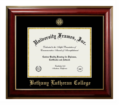 Bethany Lutheran College Diploma Frame in Classic Mahogany with Gold Trim with Black & Gold Mats for document: 8 1/2"h x 11"w  