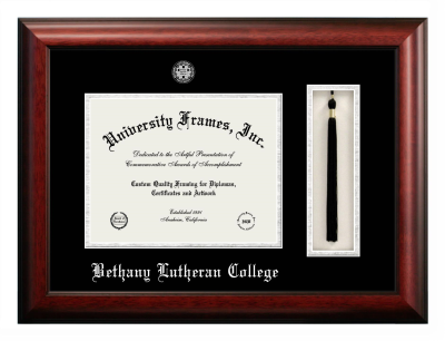 Bethany Lutheran College Diploma with Tassel Box Frame in Satin Mahogany with Black & Silver Mats for document: 8 1/2"h x 11"w  