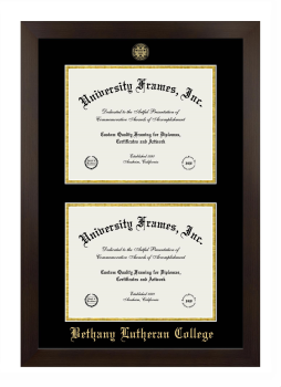 Bethany Lutheran College Double Degree (Stacked) Frame in Manhattan Espresso with Black & Gold Mats for document: 8 1/2"h x 11"w  , document: 8 1/2"h x 11"w  