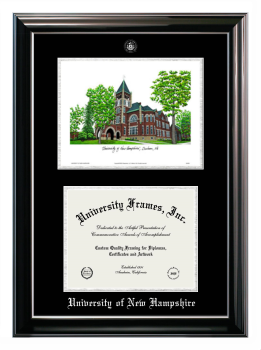 University of New Hampshire Double Opening with Campus Image (Stacked) Frame in Classic Ebony with Silver Trim with Black & Silver Mats for DOCUMENT: 8 1/2"H X 11"W  