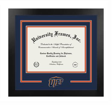 University of Texas at El Paso Logo Mat Frame in Manhattan Black with Navy Blue & Orange Mats for DOCUMENT: 8 1/2"H X 11"W  