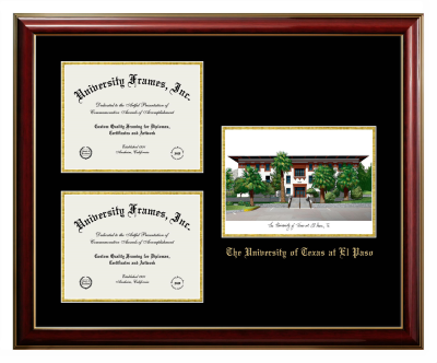 University of Texas at El Paso Triple Opening with Campus Image Frame in Classic Mahogany with Gold Trim with Black & Gold Mats for document: 8 1/2"h x 11"w  , document: 8 1/2"h x 11"w  