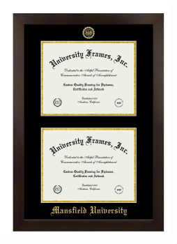Mansfield University Double Degree (Stacked) Frame in Manhattan Espresso with Black & Gold Mats for DOCUMENT: 8 1/2"H X 11"W  , DOCUMENT: 8 1/2"H X 11"W  