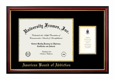 American Board of Addiction Diploma with Announcement Frame in Petite Mahogany with Gold Trim with Black & Gold Mats for document: 11"h x 14"w  , diploma: 7"h x 4"w  