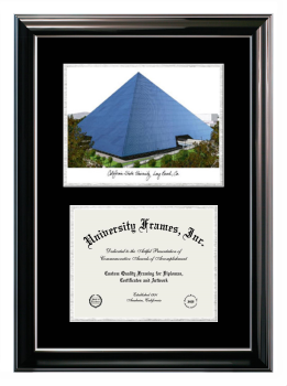 California State University, Long Beach College of Engineering Double Opening with Campus Image (Stacked) Frame in Classic Ebony with Silver Trim with Black & Silver Mats for document: 8 1/2"h x 11"w  