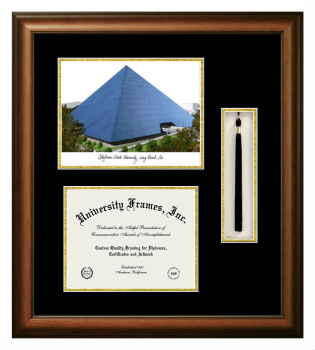 California State University, Long Beach College of Engineering Double Opening with Campus Image & Tassel Box (Stacked) Frame in Satin Walnut with Black & Gold Mats for document: 8 1/2"h x 11"w  
