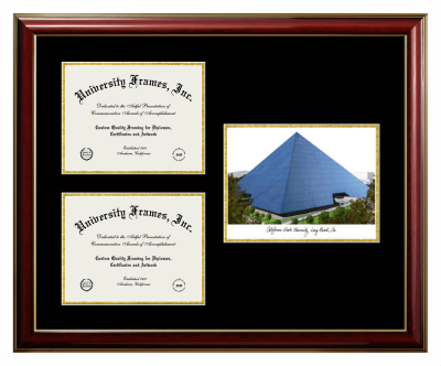 California State University, Long Beach College of Engineering Triple Opening with Campus Image Frame in Classic Mahogany with Gold Trim with Black & Gold Mats for document: 8 1/2"h x 11"w  , document: 8 1/2"h x 11"w  