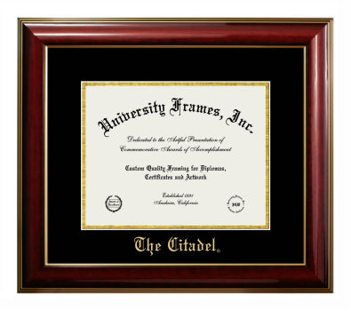 The Citadel (The Military College of South Carolina) Diploma Frame in Classic Mahogany with Gold Trim with Black & Gold Mats for DOCUMENT: 8 1/2"H X 11"W  