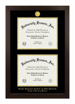 Virginia Polytechnic Institute and State University College of Veterinary Medicine Double Degree (Stacked) Frame in Manhattan Espresso with Black & Gold Mats for document: 8 1/2"h x 11"w  , document: 8 1/2"h x 11"w  