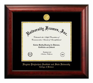 Virginia Polytechnic Institute and State University College of Science Diploma Frame in Satin Mahogany with Black & Gold Mats for document: 8 1/2"h x 11"w  