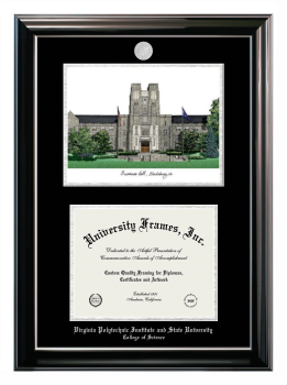 Virginia Polytechnic Institute and State University College of Science Double Opening with Campus Image (Stacked) Frame in Classic Ebony with Silver Trim with Black & Silver Mats for document: 8 1/2"h x 11"w  