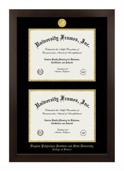 Virginia Polytechnic Institute and State University College of Science Double Degree (Stacked) Frame in Manhattan Espresso with Black & Gold Mats for document: 8 1/2"h x 11"w  , document: 8 1/2"h x 11"w  
