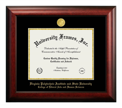 Virginia Polytechnic Institute and State University College of Liberal Arts and Human Sciences Diploma Frame in Satin Mahogany with Black & Gold Mats for document: 8 1/2"h x 11"w  