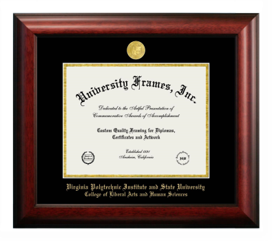 Virginia Polytechnic Institute and State University College of Liberal Arts and Human Sciences Diploma Frame in Satin Mahogany with Black & Gold Mats for DOCUMENT: 8 1/2"H X 11"W  