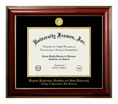 Virginia Polytechnic Institute and State University College of Agriculture Life Sciences Diploma Frame in Classic Mahogany with Gold Trim with Black & Gold Mats for document: 8 1/2"h x 11"w  