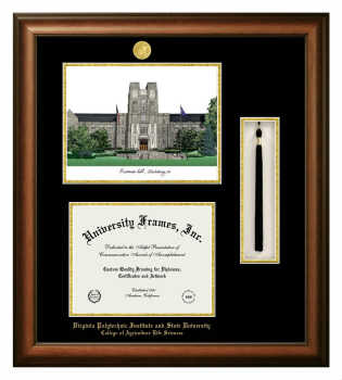 Virginia Polytechnic Institute and State University College of Agriculture Life Sciences Double Opening with Campus Image & Tassel Box (Stacked) Frame in Satin Walnut with Black & Gold Mats for document: 8 1/2"h x 11"w  