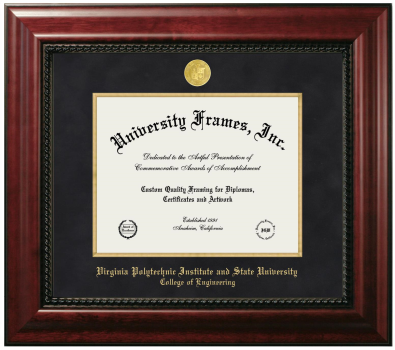 Virginia Polytechnic Institute and State University College of Engineering Diploma Frame in Executive with Gold Fillet with Black Suede Mat for document: 8 1/2"h x 11"w  