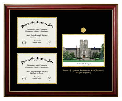 Virginia Polytechnic Institute and State University College of Engineering Triple Opening with Campus Image Frame in Classic Mahogany with Gold Trim with Black & Gold Mats for document: 8 1/2"h x 11"w  , document: 8 1/2"h x 11"w  
