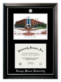 George Mason University Double Opening with Campus Image (Stacked) Frame in Classic Ebony with Silver Trim with Black & Silver Mats for DOCUMENT: 8 1/2"H X 11"W  