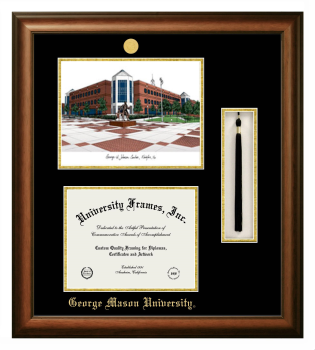 George Mason University Double Opening with Campus Image & Tassel Box (Stacked) Frame in Satin Walnut with Black & Gold Mats for DOCUMENT: 8 1/2"H X 11"W  