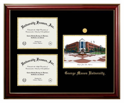George Mason University Triple Opening with Campus Image Frame in Classic Mahogany with Gold Trim with Black & Gold Mats for DOCUMENT: 8 1/2"H X 11"W  , DOCUMENT: 8 1/2"H X 11"W  