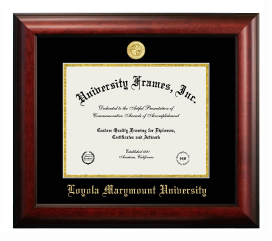 Loyola Marymount University Diploma Frame in Satin Mahogany with Black & Gold Mats for document: 8 1/2"h x 11"w  